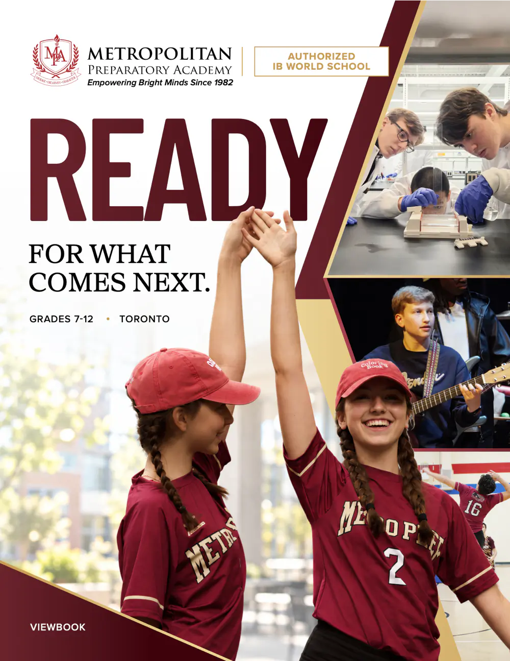 Metro Prep School Viewbook Cover Featuring Students Participating In Athletics, Biotechnology Experiments, And Music.